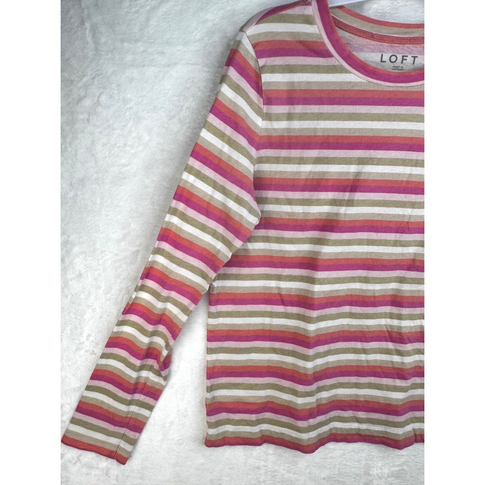 LOFT Womens Large Pink Tan Striped Long Sleeve Cotton Crew Neck T-Shirt L - Picture 2 of 8